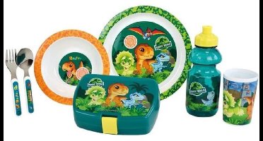 JURASSIC WORLD - Kinderservies met glas, soepbord, bord, bestek, waterfles en lunchbox