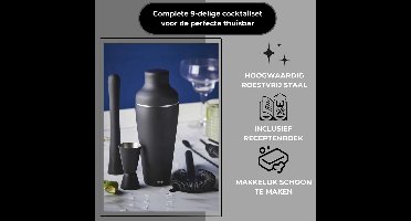 Cocktail Shaker Set 9-delig – 700 ml – Mat Zwart – Inclusief Receptenboek