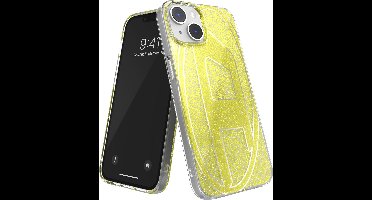 Diesel Glitter Telefoonhoesje iPhone 13 & iPhone 14 – Transparant Goud – Glitters – Valbescherming tot 2 Meter – Draadloos Opladen – Shockproof – Backcover – Origineel Diesel Accessoire met D-Logo