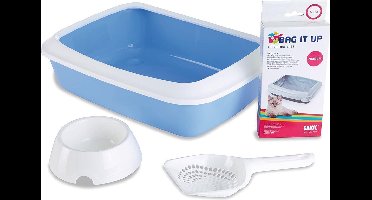 kattenbak startersset voor kittens - blauw /wit - incl : kattenbakzakken 12st + voerbakje + schepje - ideaal voor op te starten - 42x31x12,5 cm