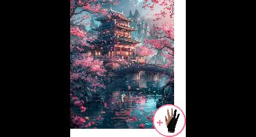HobbyMania Schilderen Op Nummer Volwassenen - Tempel in Sakura Landschap - Inclusief Verf Penselen en Tekenhandschoen - Kleuren Op Nummer - Paint By Number Volwassenen - 40x50 cm