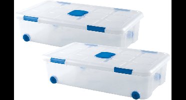 Plasticforte Opslagbox - 2x stuks - met deksel - 30L - 73 x 41 x 18 cm - transparant - opbergbak - met wielen
