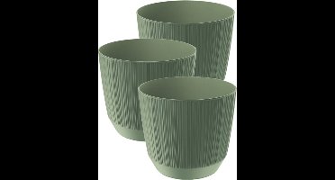 Prosperplast Plantenpot - 3x stuks - stripe - olijfgroen - kunststof - D20xH17 cm - voor binnen/buiten