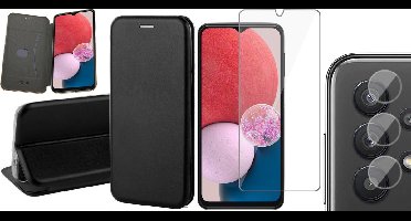Hoesje geschikt voor Samsung Galaxy A13 4G - Book Case Kunstlederen Wallet Cover Minimalistisch Pasjeshouder Hoes Zwart - Tempered Glass Screenprotector - Camera Lens Protector