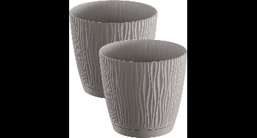 Prosperplast Plantenpot/bloempot Waves - 2x stuks - kunststof - steengrijs - D17 x H16 cm - binnen/buiten - met opvangschaal
