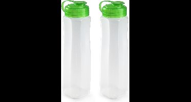 2x stuks kunststof waterflessen 1000 ml transparant met dop groen - Drink/sport/fitness flessen