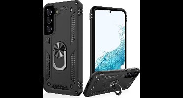 Hoesje Geschikt Voor Samsung Galaxy S22 Hoesje Anti-Shock Hybrid Armor Zwart - Hoesje Geschikt Voor Samsung Galaxy S22 hoesje met Kickstand Ring Houder - Kunststof - Back Cover