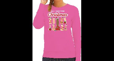 Bellatio Decorations foute kersttrui - sweater - dames - All I want for Christmas - piemels - roze - sexy XL
