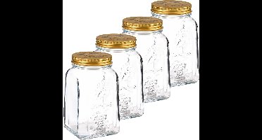 Pasabahce Voorraadpot/bewaarpot Square - 4x - glas - 1,5L - transparant/goud - D10 x H19 cm - voedsel bewaren