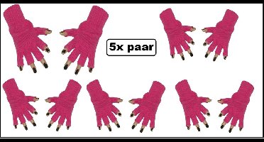 5x Paar luxe handschoenen vingerloos fuchsia/donker roze - Feest festival thema feest party optocht themafeest