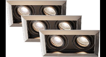HOFTRONIC - Set van 3 Durham Dubbel LED Inbouwspots vierkant RVS - GU10 - 10 Watt 800 Lumen - 4000K Neutraal wit licht - Kantelbaar en Dimbaar - Diameter 100x185mm - Plafondspots 2 lichts