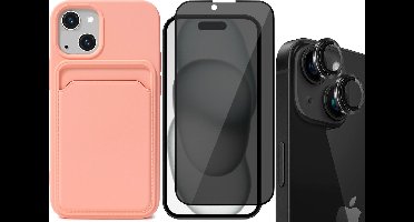 Hoesje Pasjeshouder geschikt voor iPhone 15 - Privacy Screenprotector FullGuard + Camera Lens Screen Protector Zwart - Siliconen Case Back Cover Roze
