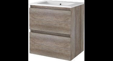 Basic Start 46 badmeubelset met greeploze wastafelonderkast met 2 lades en porseleinen wastafel met 1 kraangat 60 x 46 cm, scotch oak