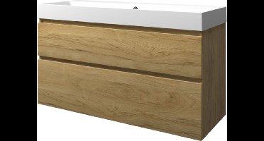 Proline polystone Loft badmeubelset met wastafelonderkast met 2 asymmetrische lades en polystone wastafel zonder kraangat 120 x 70 x 46 cm, ideal oak