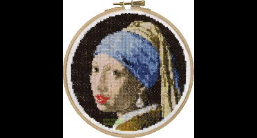 Pako Borduurpakket met telpatroon -Meisje met de parel - 212.374 - voorgesorteerd garen - Aida - 15 cm Rond - DIY kit