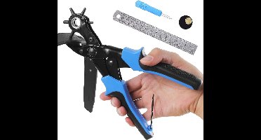 Revolvertang Volledige Set, Revolvertangen voor Zwaar Gebruik, Meerdere Maten Gaatjestang met 2 Ponsplaten & Liniaal, Gaten Maken in Horlogeband, Riemen, Kaarten, Rubber (Blauw)