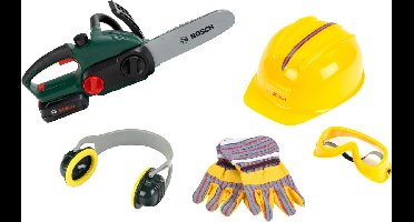 Klein Toys Bosch mini kleding set met speelgoed kettingzaag - werkhandschoenen, werkbril, oorbeschermers, helm - incl. licht- en geluidseffecten - groen geel