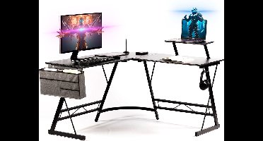 Gadgy Gaming Bureau Carbon PRO - Game HoekBureau 130 CM Breed - Game Bureau met Carbon Details - Gaming Desk met Koptelefoonhouder, Scherm Verhoging & Opbergmand - Level Up met Gadgy - Zwart Carbon