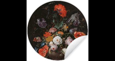 WallCircle - Muurstickers - Behangcirkel - Stilleven met bloemen en een horloge - Schilderij van Abraham Mignon - 30x30 cm - Muurcirkel - Zelfklevend - Ronde Behangsticker