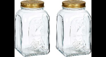 Pasabahce Voorraadpot/bewaarpot Square - 2x - glas - 1,5L - transparant/goud - D10 x H19 cm - voedsel bewaren