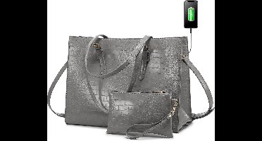 Lubellie® Crolina Tweedelige elegante Dames Handtassen set met een USB-oplaad poort - Dames laptoptas - Schoudertas - Een laptopvak voor 15,6 inch Laptops - Met gratis clutch - Grijs