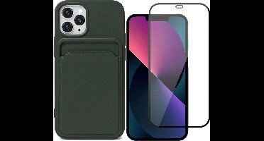 Hoesje Pasjeshouder geschikt voor iPhone 13 Pro Groen - Siliconen Case Back Cover + Full Screen Protector Glas Screenprotector
