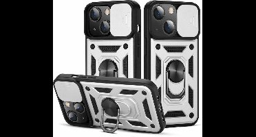 Hoesje Geschikt voor iPhone 13 Hoesje met Camera Bescherming Zilver - Hoesje Geschikt voor iPhone 13 met ring houder Rugged Armor Back Cover - Case - Camera Schuif