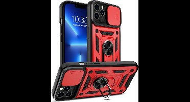 Hoesje Geschikt voor iPhone 13 Hoesje met Camera Bescherming Rood - Hoesje Geschikt voor iPhone 13 met ring houder Rugged Armor Back Cover - Case - Camera Schuif