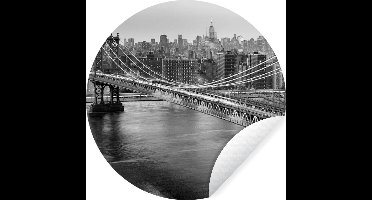 WallCircle - Muurstickers - Behangcirkel - De Brooklyn Bridge bij zonsondergang - zwart wit - ⌀ 30 cm - Muurcirkel - Zelfklevend - Ronde Behangsticker