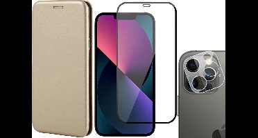 Hoesje geschikt voor iPhone 13 Pro - Portemonnee Book Case - Goud - Met Full Screenprotector en Camera Screen Protector