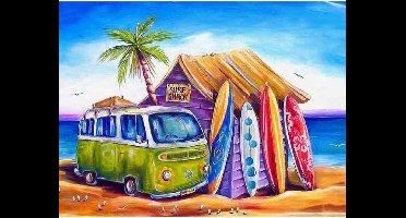 Diamond painting - Volkswagenbus aan het strand - Geproduceerd in Nederland - 30 x 40 cm - canvas materiaal - vierkante steentjes - Binnen 2-3 werkdagen in huis