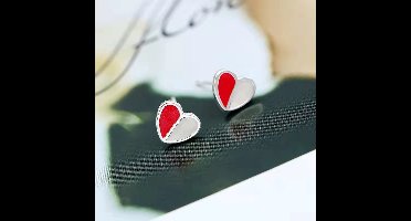 Gading® meisje oorknoppjes - dames oorknoppen met hartje 8mm- rood &wit  - 925 zilver