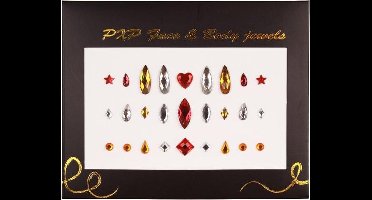 Face & Body Jewels Glitter sticker( Carnaval ): rood/ wit (= zirkonia) geel