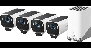 eufy Security S3 Pro Buitencamera's, 4 Pack met HomeBase 3 - Outdoorcam set - 4K Ultra HD resolutie, MaxColor Vision™ technologie, Zonne-energie met SolarPlus™ 2.0, Compatibel met Apple HomeKit, Alexa en Google Assistant