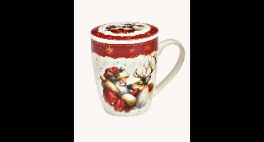 Kerstdecor mok met deksel en metalen zeef, rood (B/H/D) 13x11x9cm 350ml