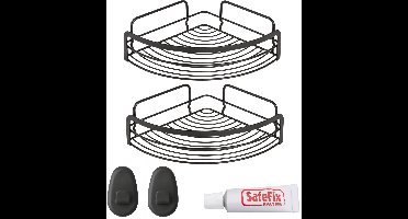 Metaltex Doucherek - Set van 2 Hoekrek Zonder Boren - Mat Zwart - 20x20x6cm - Anti Roest - Inclusief Plakhaken