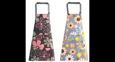 2 stuks keuken waterdichte oliebestendige schort, verstelbare schorten met zak, modieuze bloemenschorten voor thuis keuken koken tuinieren restaurant en salon, Roze Bloemen + Zonnebloem - Grijs