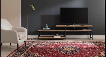 Tv-meubel Industrieel Mangohout Zwart – Vintage Massief Houten TV Kast met 3 Open Planken & Metalen Frame – 150×40×50 cm – Altameubel