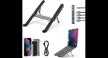 Ultra Compacte Laptopstandaard met 4-Poorts USB Hub - Vouwbaar & Draagbaar voor Reizen, Bibliotheek, Thuis & Kantoor, 6-Niveaus Ergonomisch Verstelbare Aluminium Houder voor 10-16" Laptops & Tablets
