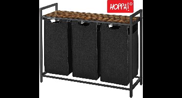 Hoppa! Wasmand - 3 Vakken - Vintage Bruin-Zwart - Inclusief Uitschuifbare Waszakken - 92,5 x 33 x 72 cm (B x D x H)