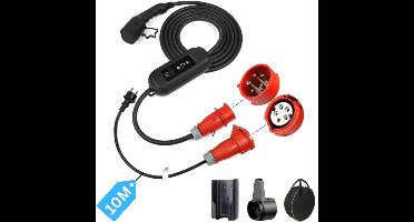 Mobiele Thuislader 11 kW 10 meter set met verloopstekker, ophangmateriaal en tas - Type 2 16A 3-fase 11 kW (230v) met CEE stekker rood