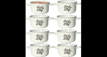 Excellent Houseware Soepkommen/serveer schaaltjes - 8x - porselein - 500ml - beige/blauw - met oor