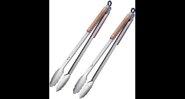 2 barbecue / serveertangen, met rvs balken en houten elementen op de handgrepen, lengte: 44 cm, rvs / hout, classic wood maxi, zilver/bruin, 162922e3