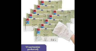 Abena Vochtige Washandjes Wegwerp - Parfumvrij - 50 Washandjes - Voordeelverpakking 10 x 5 washandjes - Wassen en opfrissen zonder water en zeep - Droogt Snel, geen Handdoek Nodig - Opwarmbaar in de Magnetron - Perfect voor Thuis en Onderweg