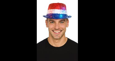 Partychimp Glitter Hoed met LED Licht Carnaval Accessoires voor bij Carnavalskleding Dames Carnavalskleding Heren Verkleedkleren Volwassenen Glitter en Glamour Hoedje Pailetten Nederlandse Vlag - Polyester - Rood/Wit/Blauw - Incl. Batterijen
