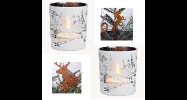 Windlicht / Theelichthouder - Winterbos – Glas Wit – 9×10×9 cm – Set van 2 + Kerstbal-kaarsjes
