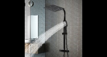 Zwarte Douche Set – Regendouche – Handdouche – Doucheset – Thermostaatkraan – Vierkant – 30x30 cm – Verstelbare Douchestang – Veiligheidsstop 38°C