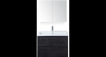 Vogue Badmeubelset 80 cm - Greeplijst in Kleur - Black Oak - Keramische Wastafel Wit 1 Kraangat met Spiegelkast