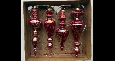 Set van 4 rode glitter kerstornamenten – 15 tot 18 cm – klassieke druppel- en pegelvormen - Glas