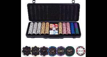 Pokerset Compleet – Zwarte Aluminium Koffer – 500 Chips met Waarde (14 g), 2 Kaarten Stokken, Dealer Button & 5 Dobbelstenen – Poker, Texas Hold’em & Gezelschapsspellen – Longfield Games